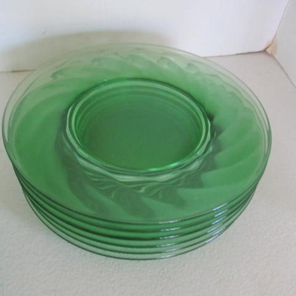 green depression Dining 6 Uranium Glass Green Depression Glass